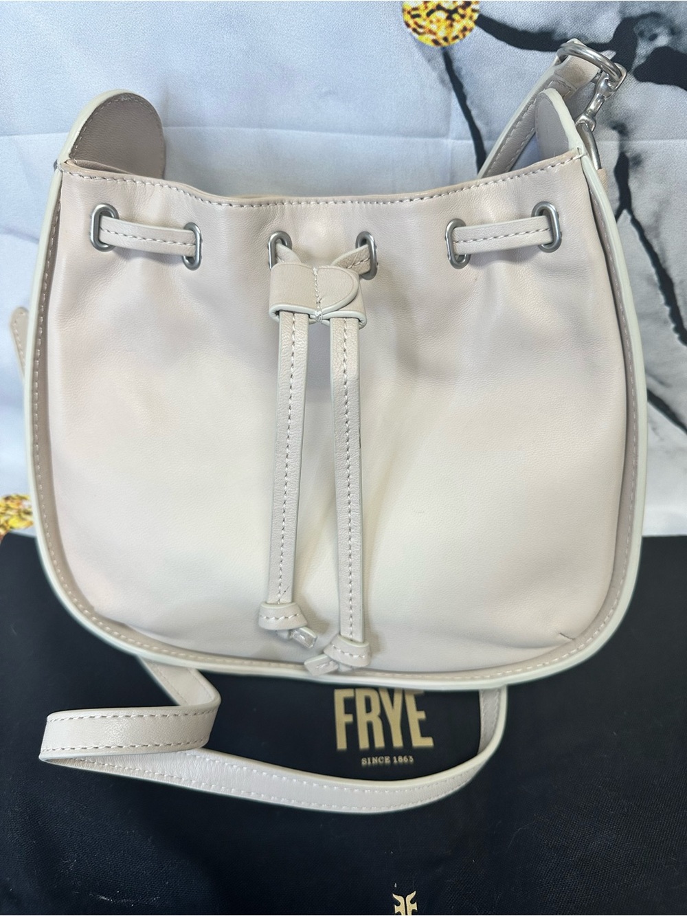 Frye Cream Leather Drawstring Crossbody